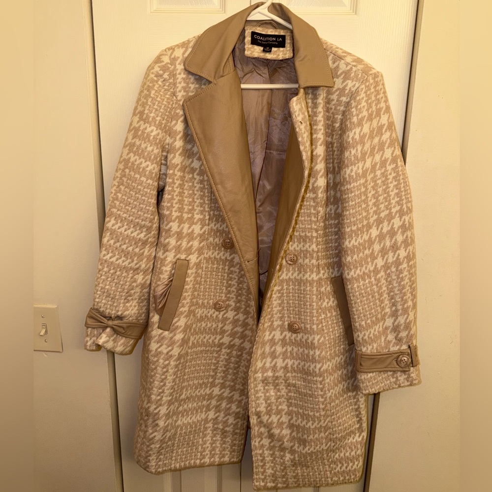 Women's Beige Houndstooth Pea Coat with Leather Trim